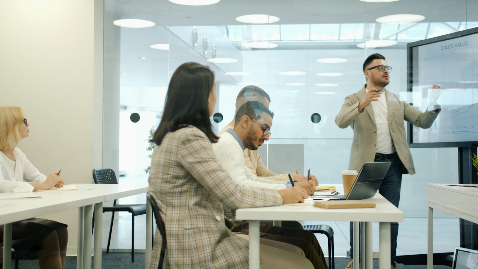 Professionals collaborating in an office meeting